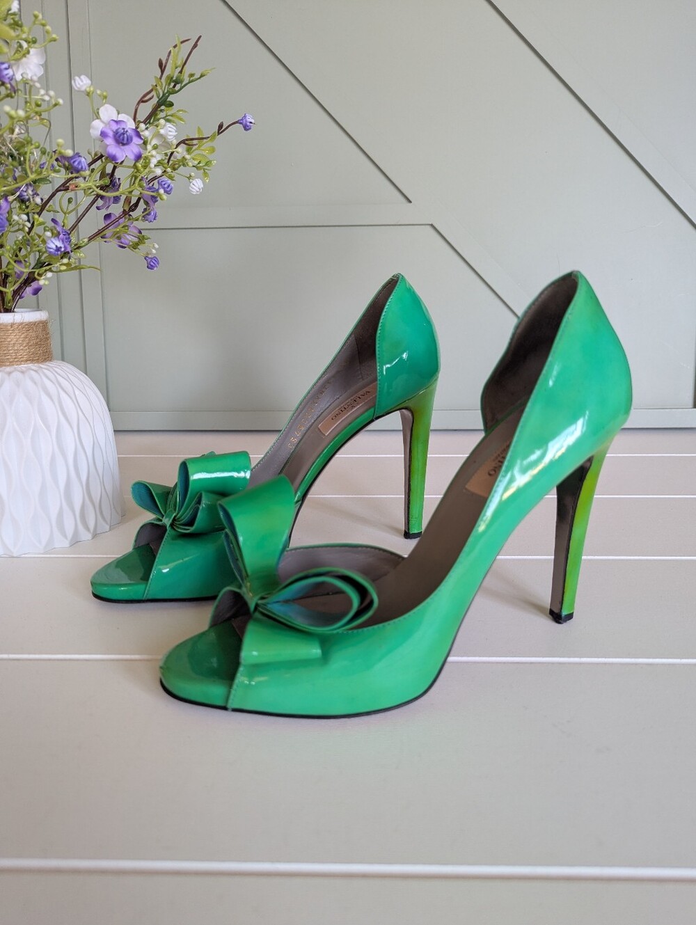 Patent Green Peep-Toe High Heels with Decorative Bow